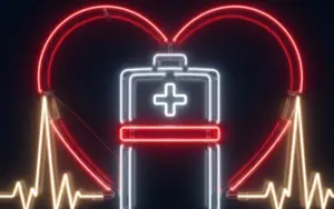 Batterie vor einem Herz mit Herzlinie in Neon-Optik für Akku-Pflege