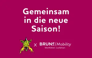 Text auf rotem Hintergrund mit dem Schriftzug 'Gemeinsam in die neue Saison' und zwei Logos darunter, eines zeigt den feuerspeienden Drachen der Artland Dragons, das andere 'BRUNS Mobility' mit dem Slogan 'Wohlfühlen. Losfahren.'